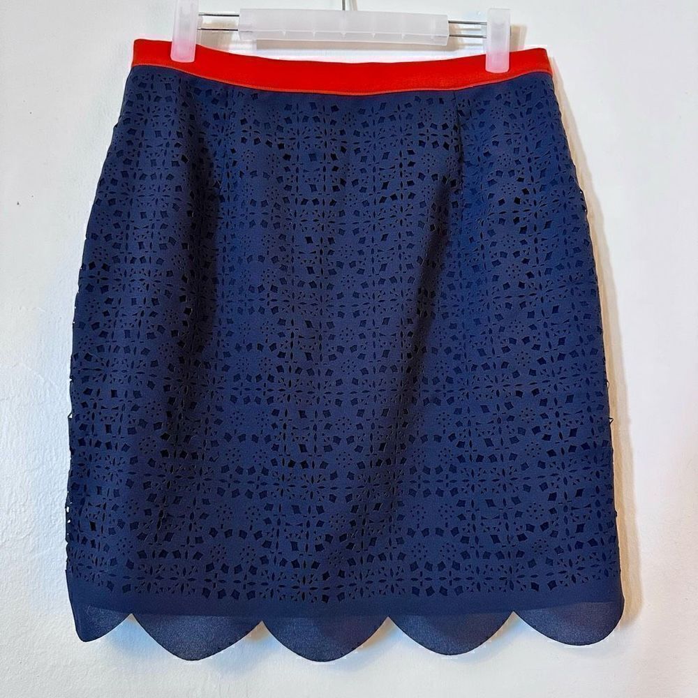 C. Luce Stitch Stacey Scalloped Hem Cut-Out Skirt Navy Blue & Orange Large